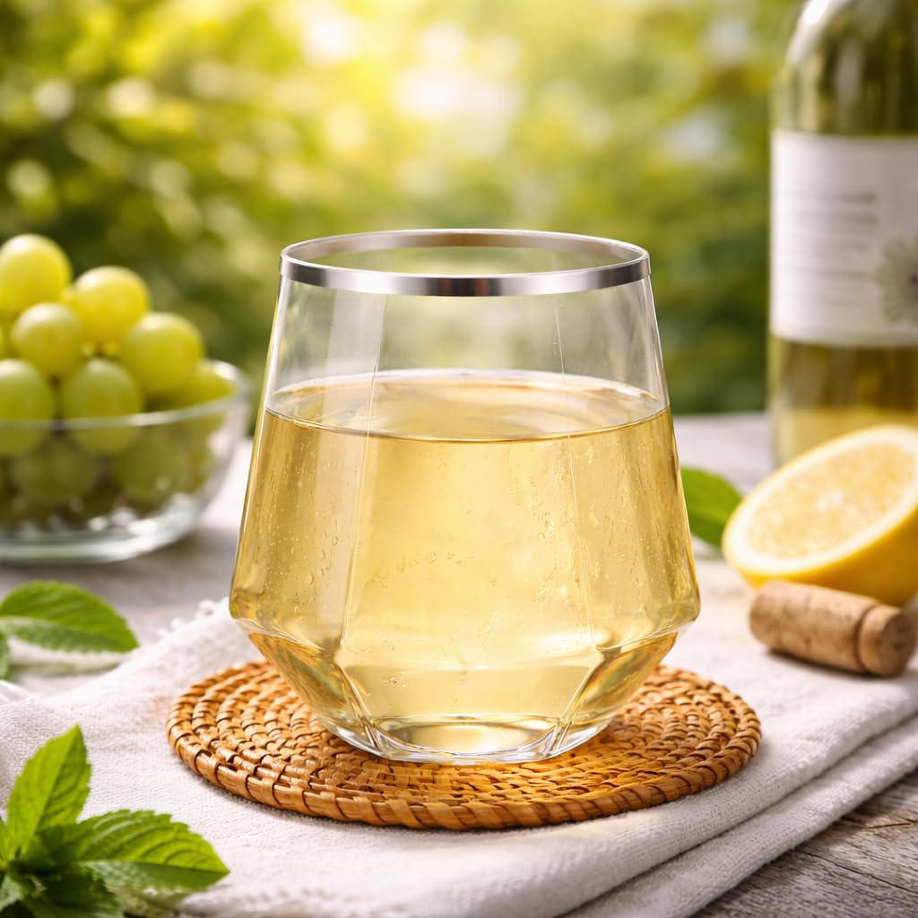 Oojami 40 Pack Diamond Disposable Plastic Wine Glasses 12oz for Parties | Stemless Wine Cups, Champagne Cocktail Whiskey - Shatterproof Unbreakable Reusable Recyclable BPA-Free, Weddings Birthday BST220