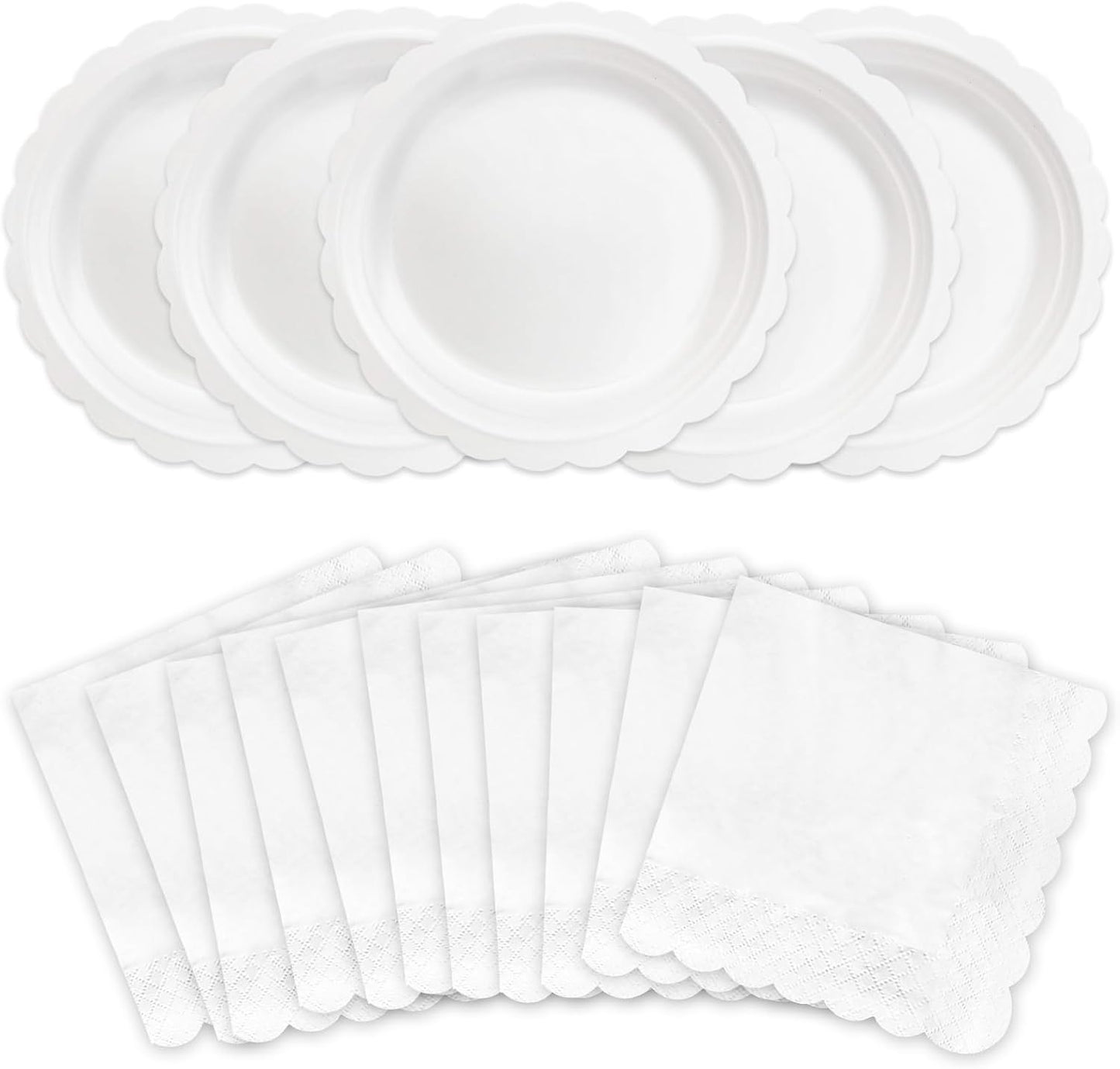 100 Pcs White Paper Plates and Napkins, 50 Pcs Guest White Party Supplies Including Scalloped Plates and Napkins for Independence Day Weddings, Parties BST326L