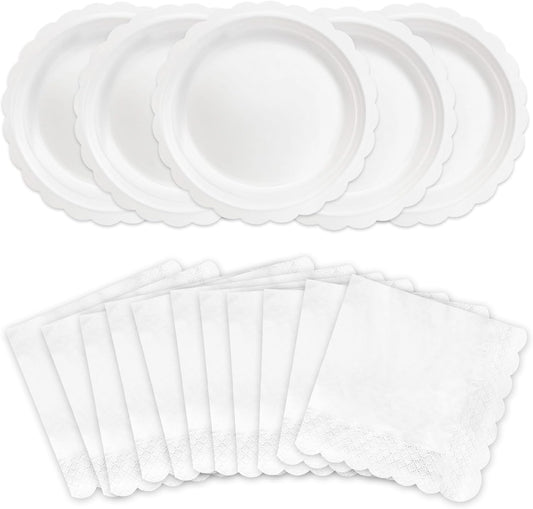 100 Pcs White Paper Plates and Napkins, 50 Pcs Guest White Party Supplies Including Scalloped Plates and Napkins for Independence Day Weddings, Parties BST326L
