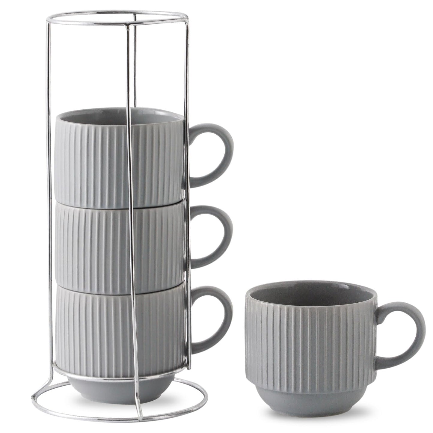 HASENSE 15 oz Ribbed Stackable Coffee Mug Set of 4, Porcelain Latte Cups with Metal Rack, Dishwasher & Microwave Safe, Cappuccino Tea Hot Cocoa, White BST220