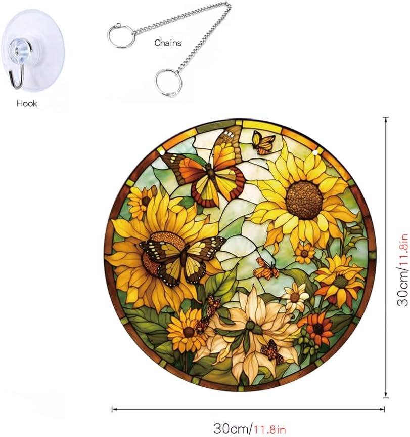 HOTIYOK Sunflower Stained Acrylic Window Hangings Panels Butterfly for Window Yellow Birthday Memorial Gift for Mom Flower Lover Home Garden Decoration BST220