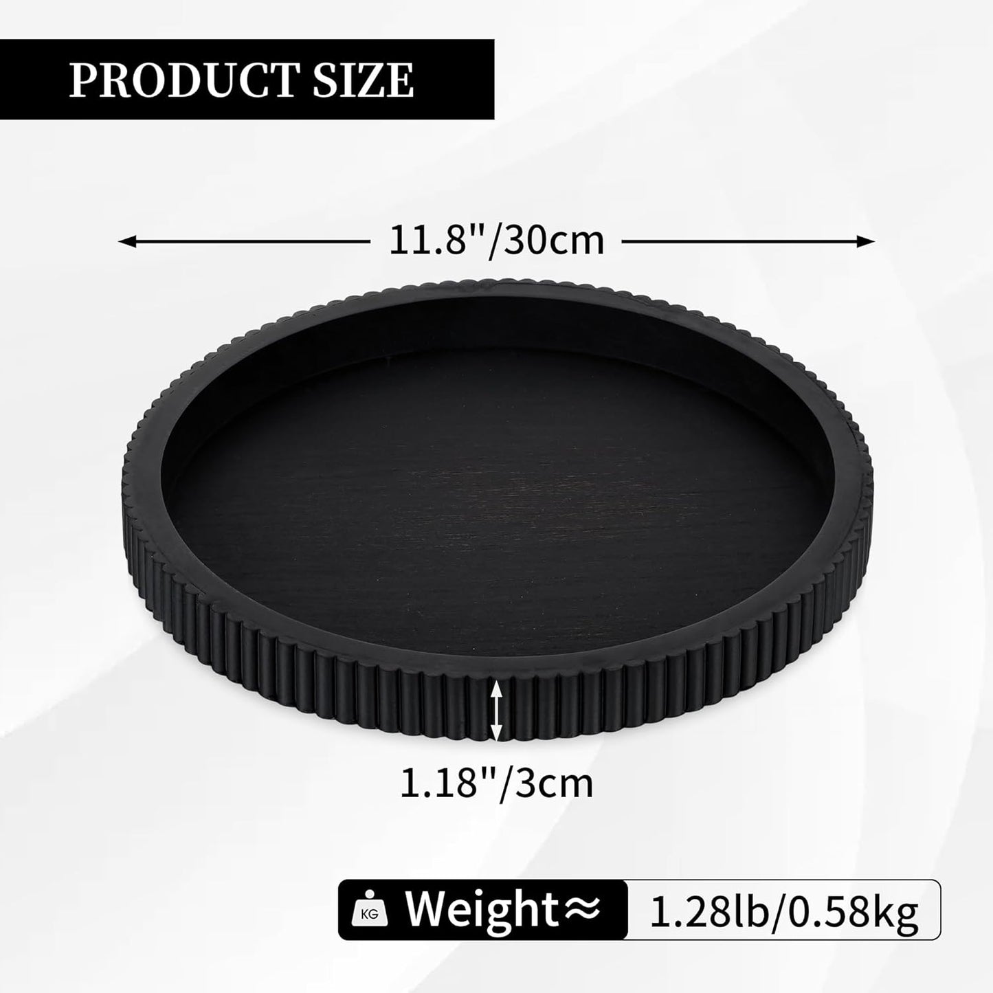 Hanobe Black Decorative Coffee Table Tray, Scalloped Edge | 12" round wood centerpiece tray, ideal for living room, entryway table, kitchen island, fits modern decor. BST326H