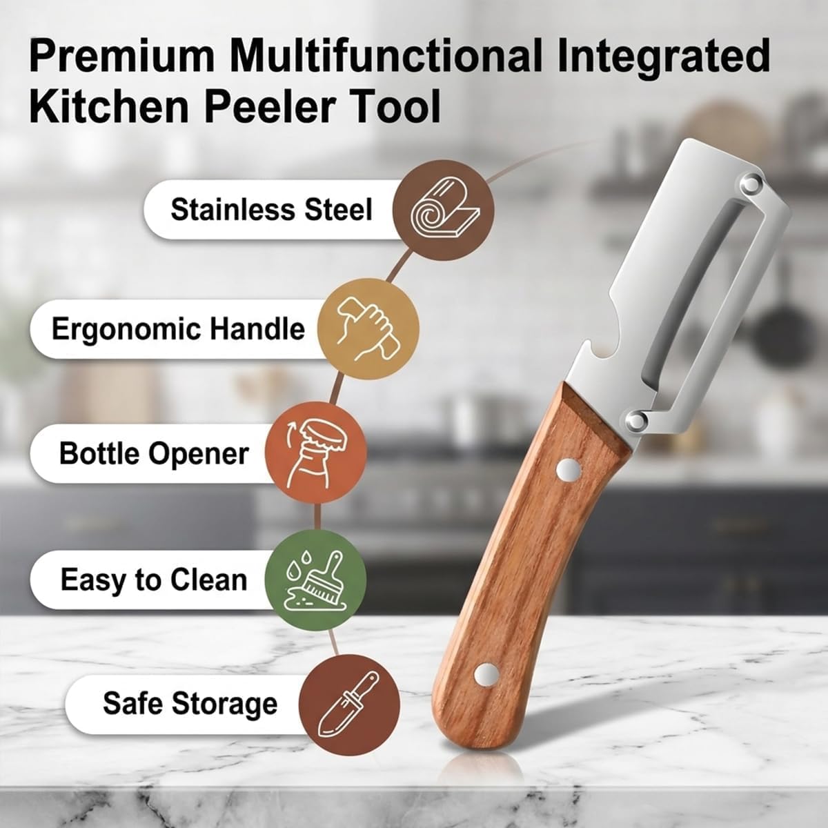 Vegetable Peeler with Wooden Handle and Bottle Opener, 2-in-1 Stainless Steel Kitchen Tool for Fruits, Potatoes, Pumpkins, 2 Pack BST326H