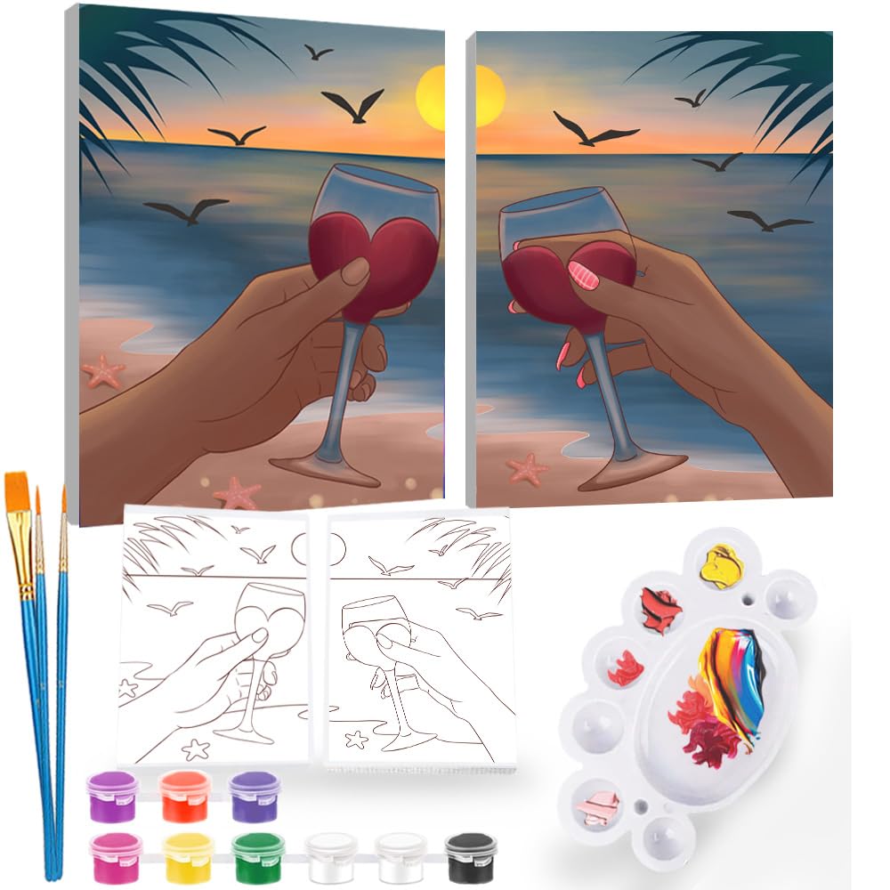 2Pcs Sip and Paint Kit for Adults,Valentines Couple Painting Kit Supplies Canvas, Pre Drawn Canvas to Paint for Date Night for Couples DIY Acrylic Painting Kits Party Favor 8×10 WN420