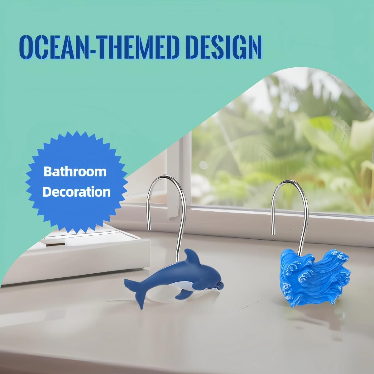 12 Pcs Ocean Themed Dolphin Shower Curtain Hooks, Rustproof Metal Rings for Bathroom, Cute Dolphin Bathroom Decor Set for Baby Room & Living Room (Ocean) BST326L