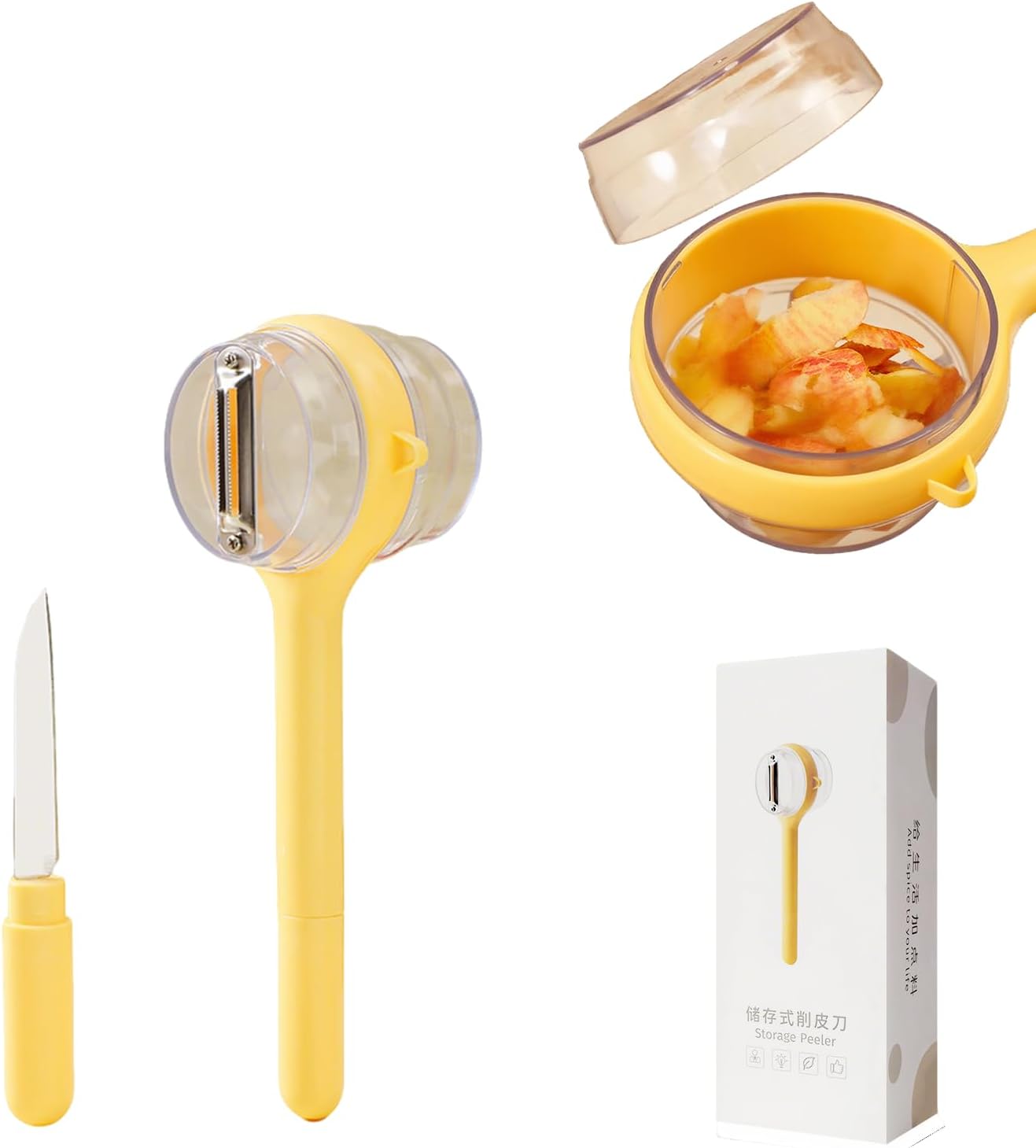 3-in-1 Vegetable Peeler with Storage Container - Stainless Steel Blade, Built-in Knife in Handle, Catches Peels, for Kitchen, Backyard BBQs, Picnics, Outdoor Parties - Easy Clean (Yellow) BST202