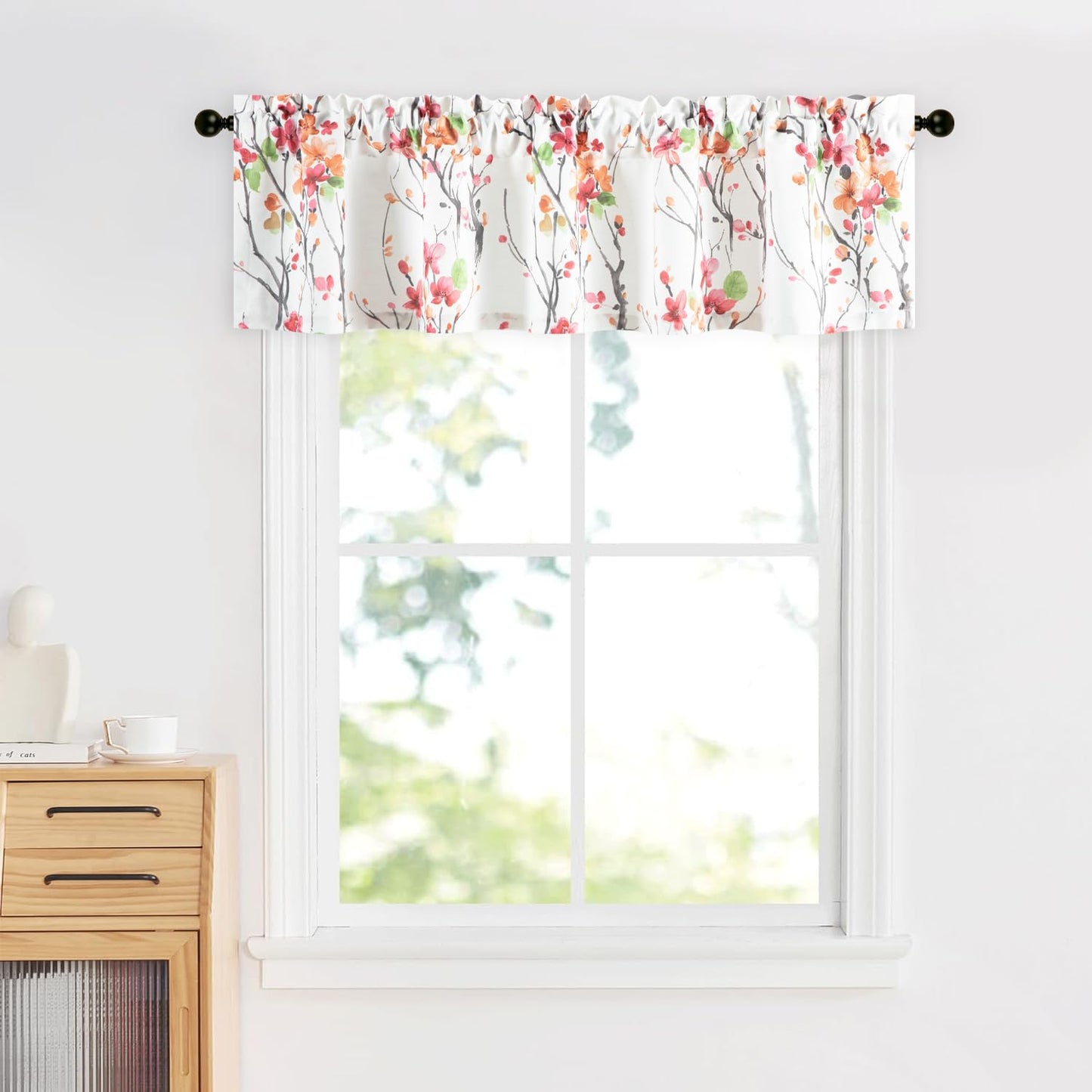 Leeva Farmhouse Kitchen Valances for Windows, Watercolor Blossoming Floral Print Curtains, Soft Faux Linen Curtain Toppers and Valances for Bedroom, 60 x 14 Inch, Brown & Grey, 1 Panel BST220