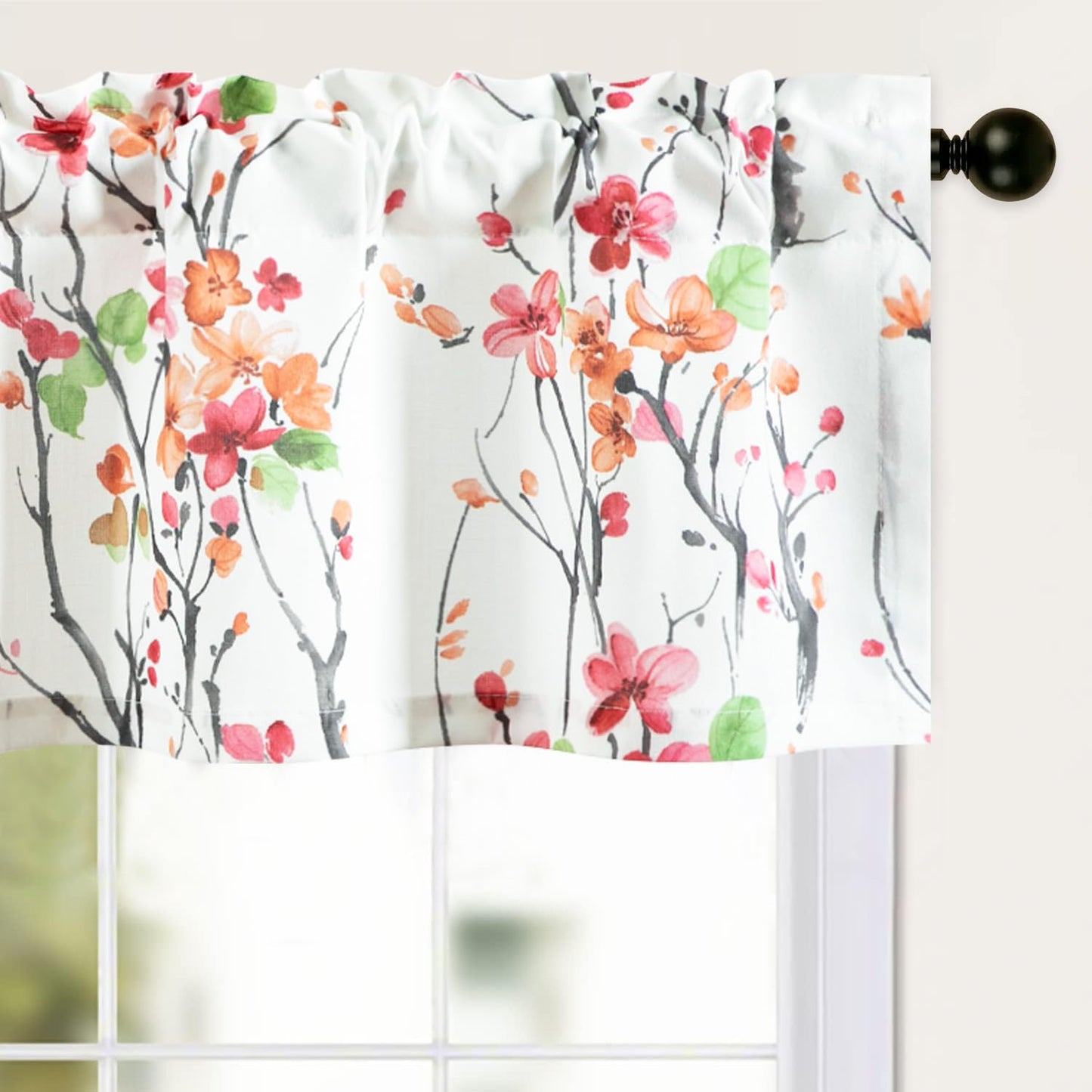 Leeva Farmhouse Kitchen Valances for Windows, Watercolor Blossoming Floral Print Curtains, Soft Faux Linen Curtain Toppers and Valances for Bedroom, 60 x 14 Inch, Brown & Grey, 1 Panel BST220