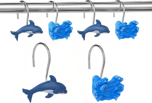 12 Pcs Ocean Themed Dolphin Shower Curtain Hooks, Rustproof Metal Rings for Bathroom, Cute Dolphin Bathroom Decor Set for Baby Room & Living Room (Ocean) BST326L
