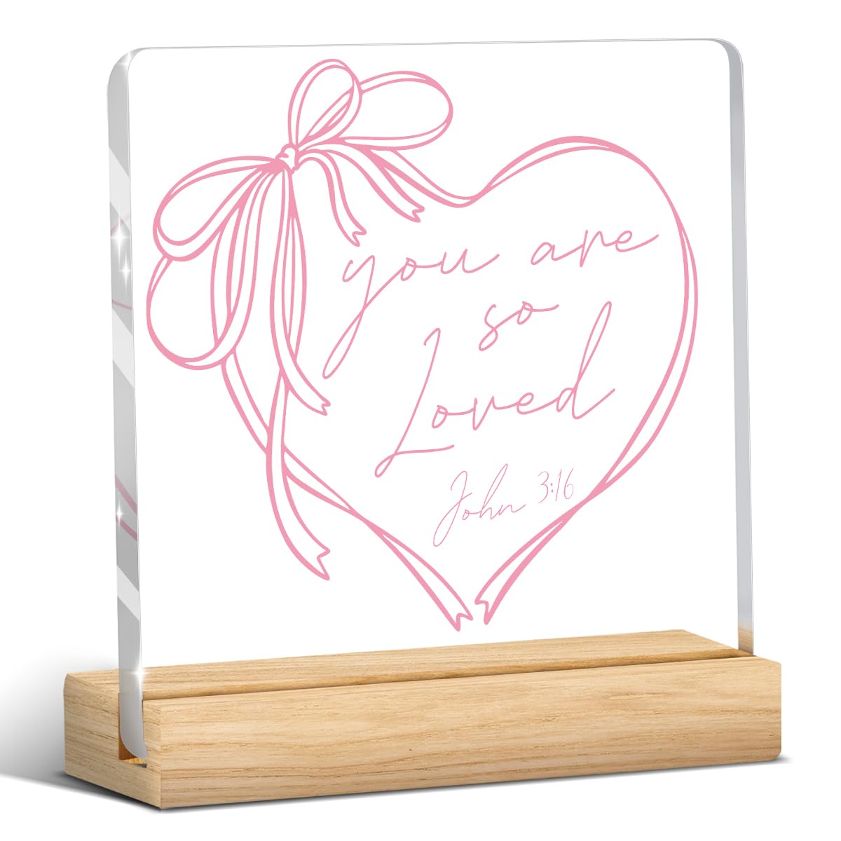 Valentines Day Decorations, Valentines Day Gifts for Her Him, Gift for Boyfriend Girlfriend Husband Wife, John 3:16 Pink Lover Bow Christian Acrylic Sign with Wooden Stand, Bedroom Office Desk Decor