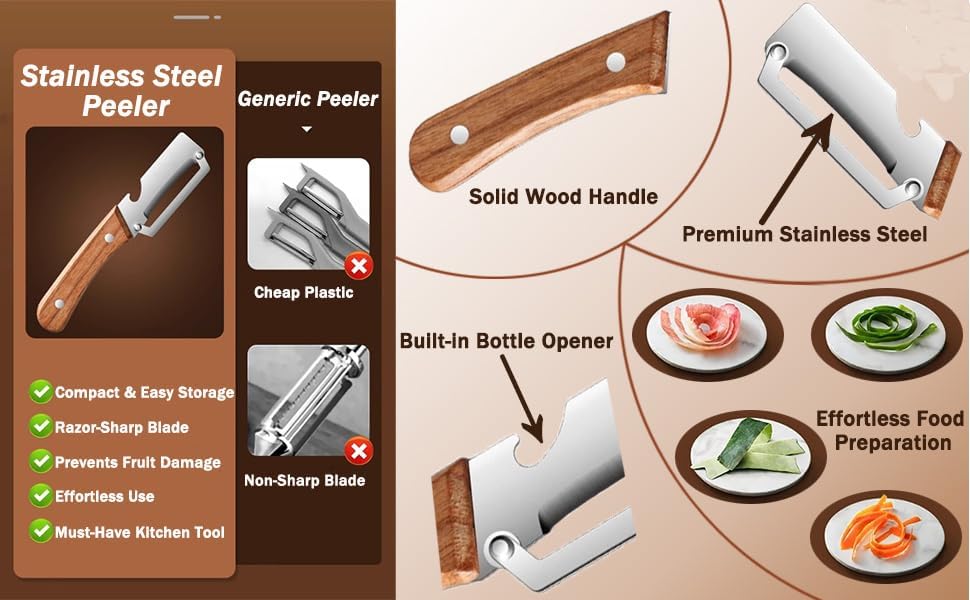Multi Functional Premium Vegetable Peeler with Wooden Handle and Bottle Opener Stainless Steel Blade Kitchen Tool for Fruit Potato Pumpkin Papaya BST326L