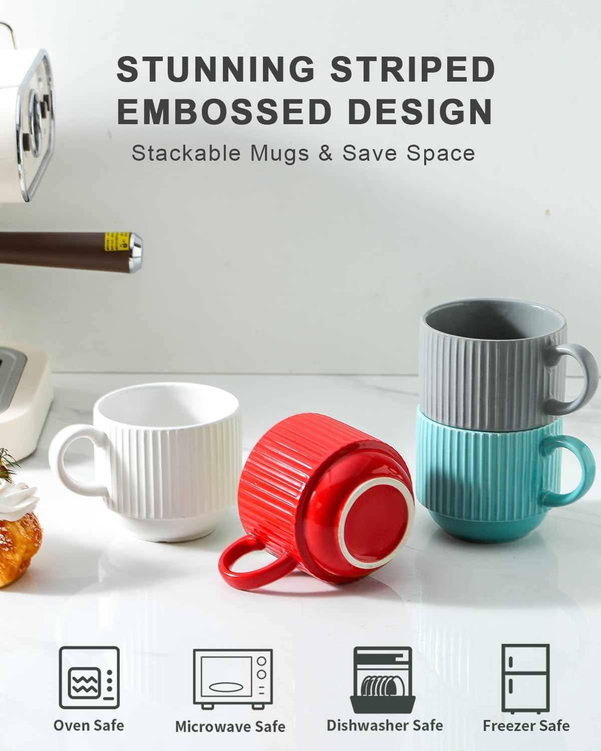 HASENSE 15 oz Ribbed Stackable Coffee Mug Set of 4, Porcelain Latte Cups with Metal Rack, Dishwasher & Microwave Safe, Cappuccino Tea Hot Cocoa, White BST220