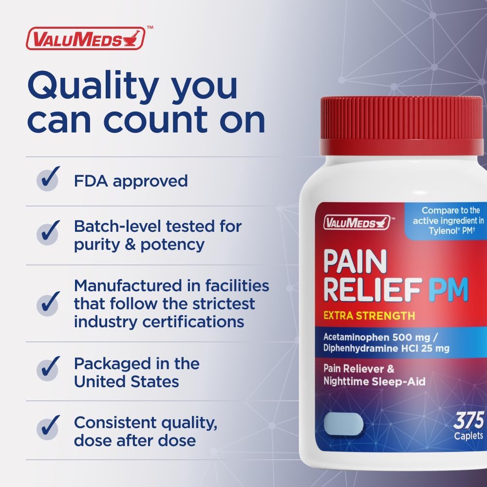 ValuMeds Compare to Tylenol PM PM Pain Reliever & Sleep Aid, Generic Acetaminophen 500mg, Fast-Acting, Extra Strength for Headaches, Migraines, Aches | Non-Habit Forming (375 Count)