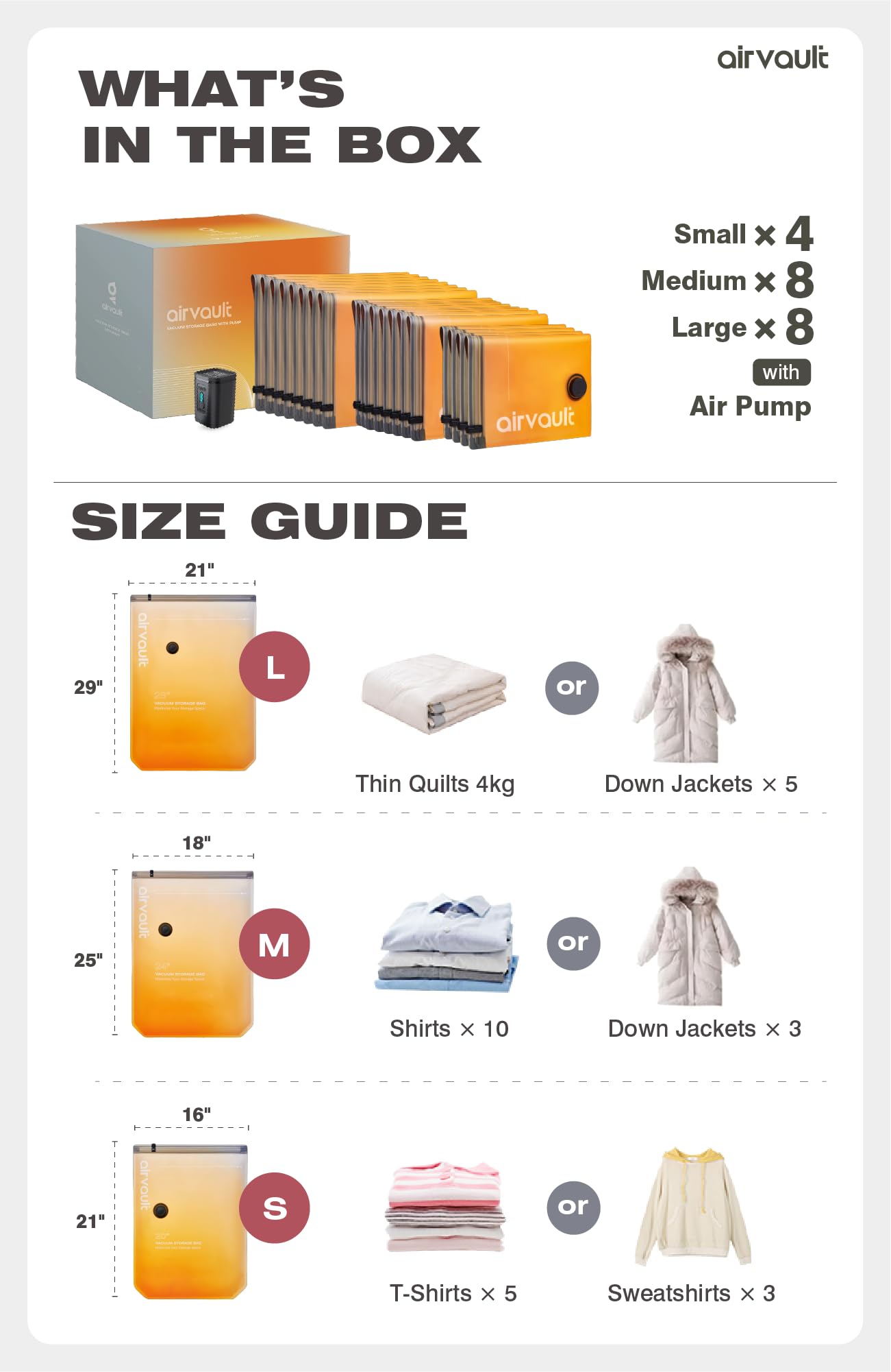 AirVault Vacuum Storage Bags for Travel & Home - Space Saver Compression Packing Bags Set for Clothes, Blankets & Seasonal Storage, Small (5), Medium (5), Large (5) (Orange,15-Pack Combo) BST326H