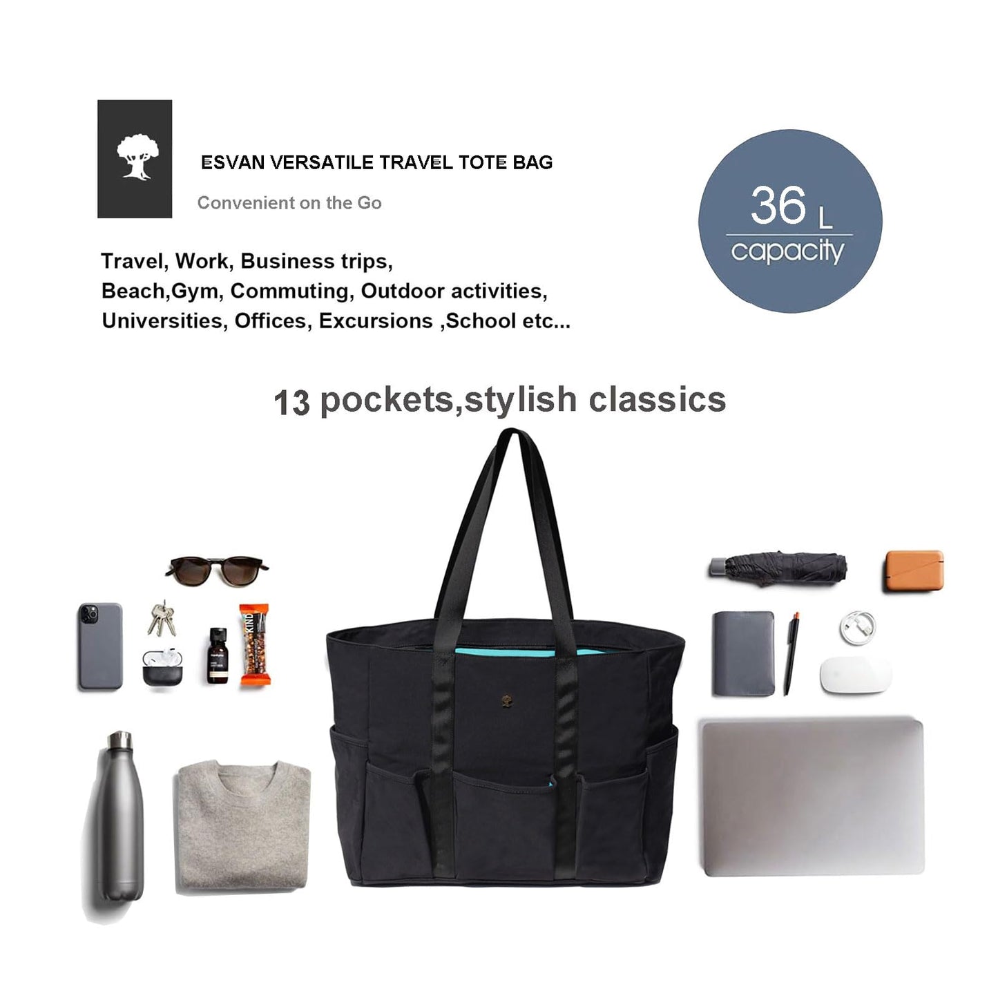 ESVAN Utility Tote Bag Weekender Duffle Bag with 13 Pockets - Perfect for Travel, Work, Gym, Beach, Teachers, and Nurses BST326H