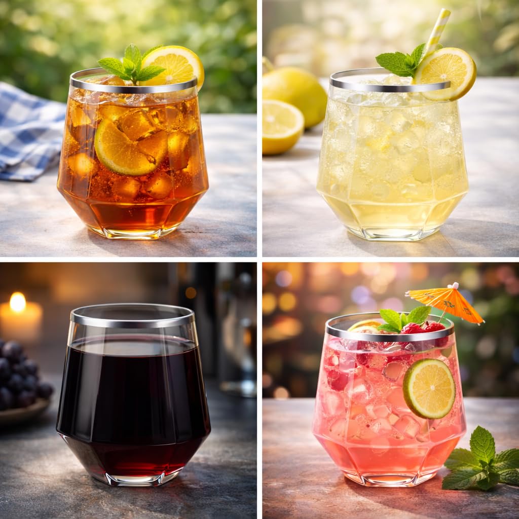 Oojami 40 Pack Diamond Disposable Plastic Wine Glasses 12oz for Parties | Stemless Wine Cups, Champagne Cocktail Whiskey - Shatterproof Unbreakable Reusable Recyclable BPA-Free, Weddings Birthday BST220