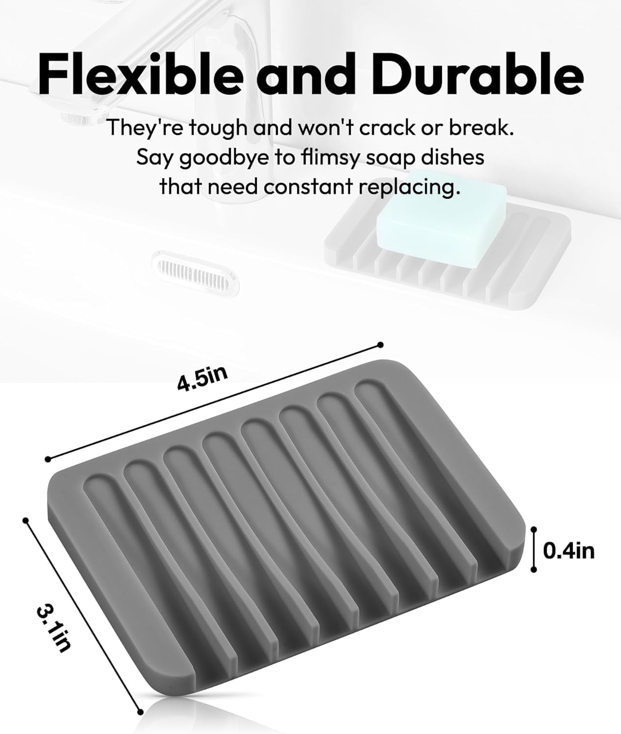 Self Draining Soap Dish for Shower, Silicone Soap Dish for Kitchen Sink, Bathroom Sink (3, Dark Gray, S(3.1"×4.5")) BST220
