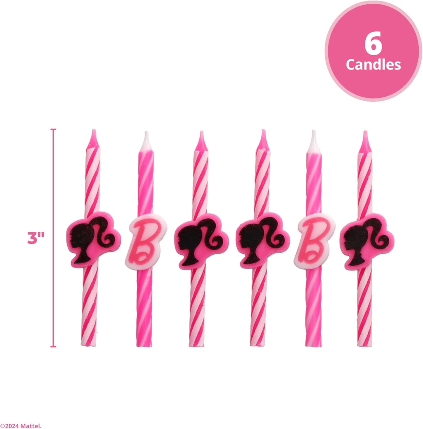 Barbie™ Birthday Cake Candles | 6 Birthday Candles for Cake Decorations, Pink Stripe Candles, Cake Toppers for Barbie Party WN420