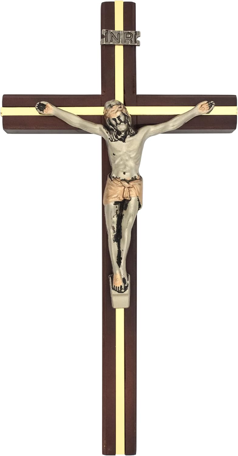 Dark Brown Wooden Crucifix with Gold-Tone Metal Inlay and Silver-Tone Corpus | Christian Home | Great Catholic Gift for Baptism, First Communion, and Confirmation BST220
