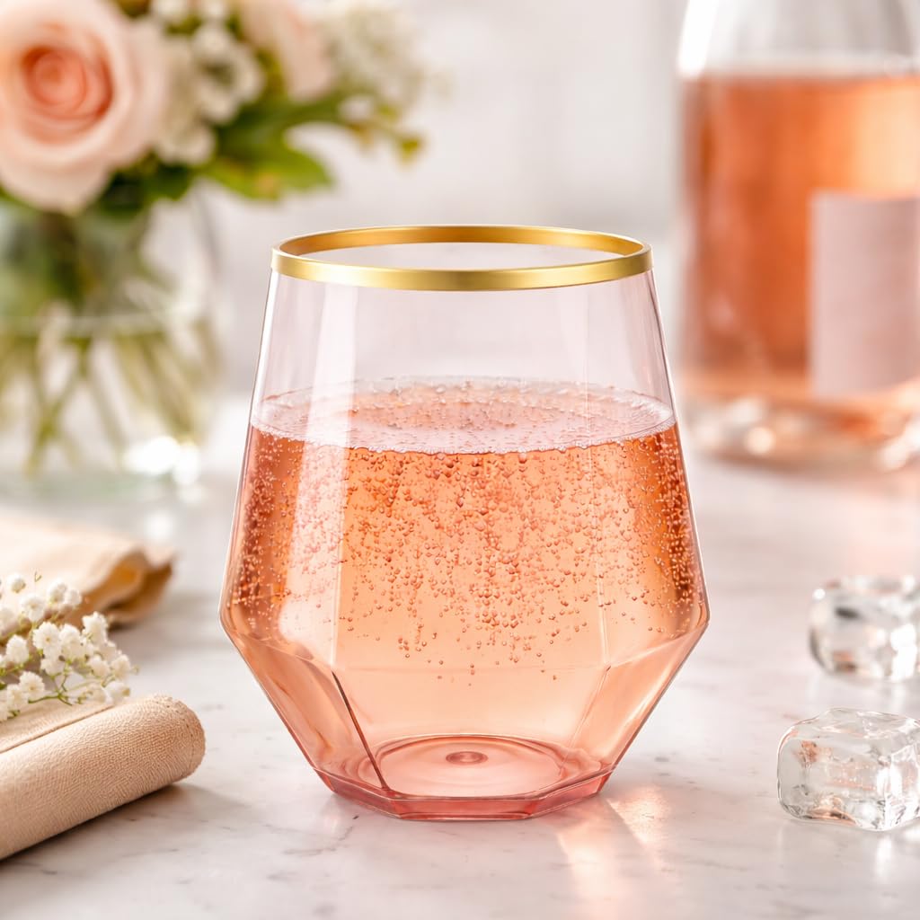 Oojami 40 Pack Diamond Disposable Plastic Wine Glasses 12oz for Parties | Stemless Wine Cups, Champagne Cocktail Whiskey - Shatterproof Unbreakable Reusable Recyclable BPA-Free, Weddings Birthday BST220