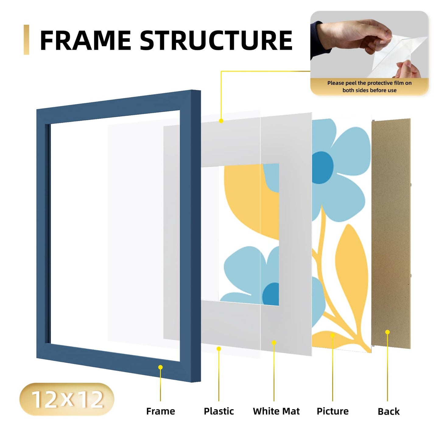 YESKAY 8x10 Picture Frame Set of 9, Display Pictures 5x7 with Mat or 8 x 10 Without Mat, Multi Photo Frames for Wall Mounting or Table Top Display, Blue BST326H