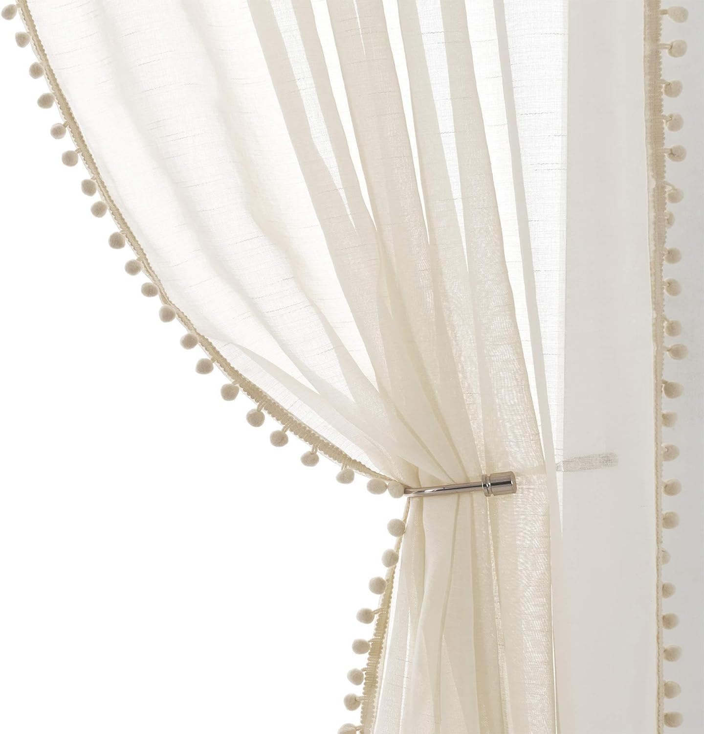 Treatmentex Pom-Pom Grey Sheer Curtains for Bedroom 63" Window Drapes Rod Pocket Textured Sheer Curtain for Kids Room 52" w 2 Panels BST202