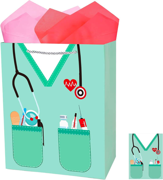 Nurse Graduation Gift Bag, Large Nurse Gift Bags with Tissue Paper, Nurses Paper Goodie Bags with Handles, Nurses Appreciation Gifts for Women Doctor Medical School Nursing Graduation Party Supplies BST326H