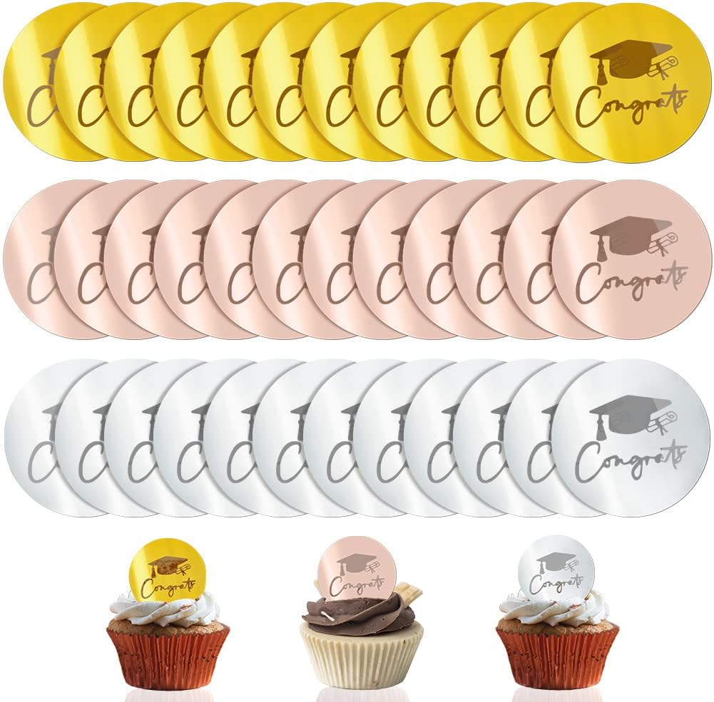 36 Pcs Graduation Cupcake Toppers Acrylic Cake Disc Toppers Graduation Mirror Cake Toppers Happy Graduate Party Supplies Decor(Gold/Rose Gold/Silver) BST326L