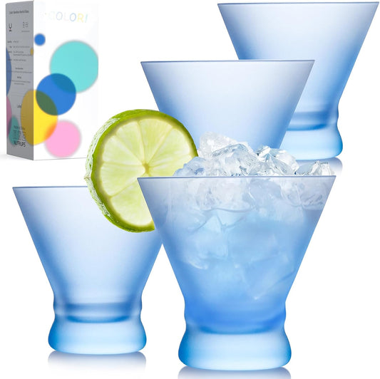 NUTRIUPS 8oz Blue Frosted Stemless Martini Glasses, Matte Finish Fingerprint-Resistant Glassware for Home Bar, Parties & Gifts, 4-Piece Set BST326H