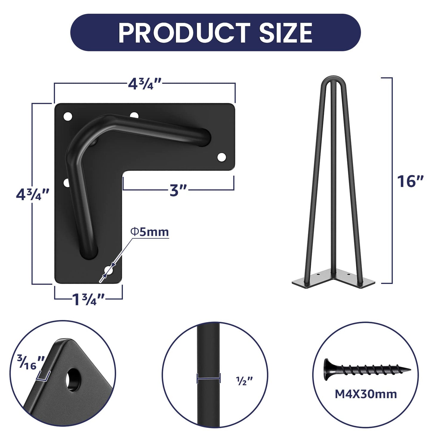 SMARTSTANDARD 16 Inch Hairpin Table Legs, 3 Steel Rods 1/2 Inch Pipe Diameter, 800lbs Load Capacity, Mid-Century Style for Coffee Table, Side Table, Night Stand (Black, 4PCS) BST220