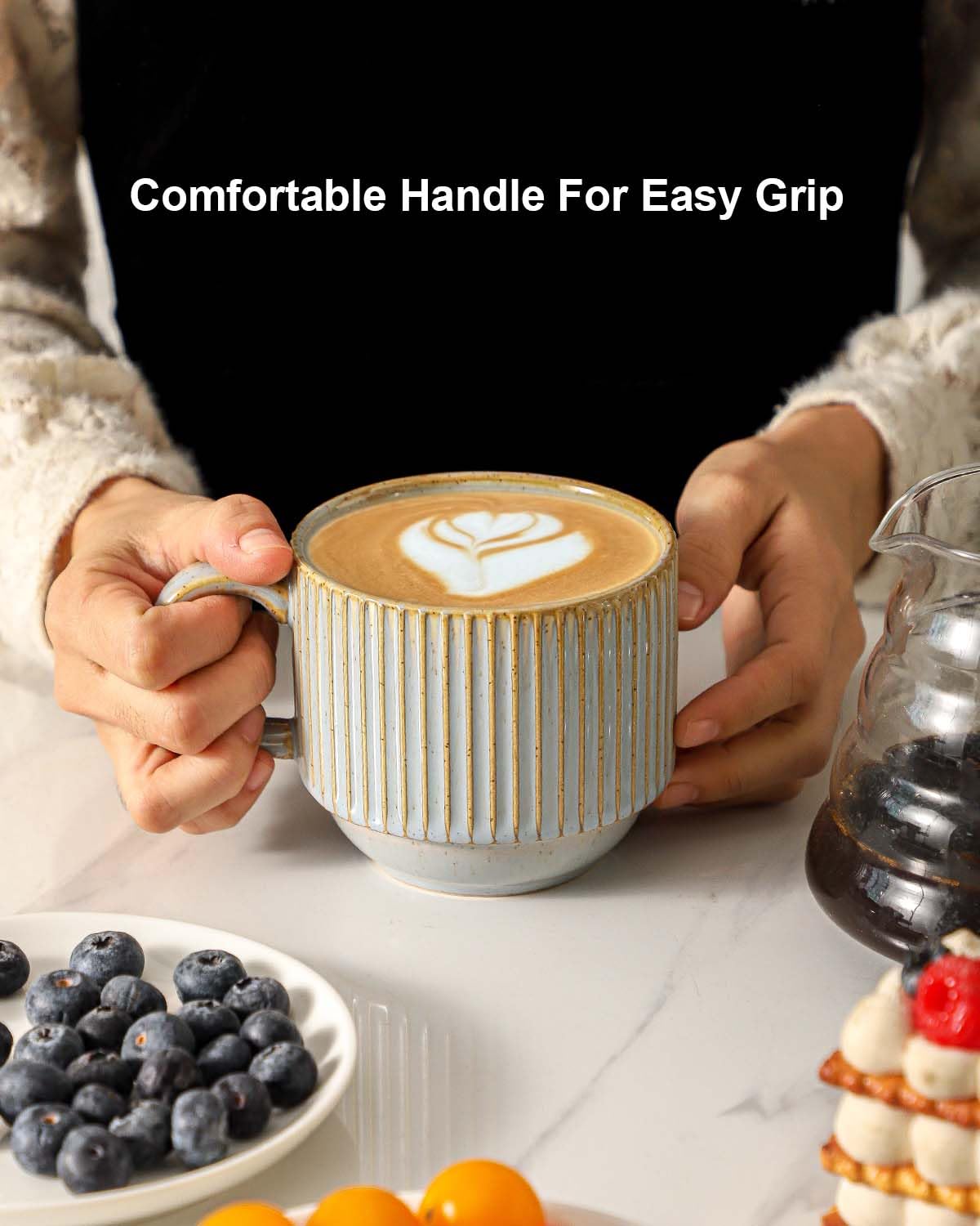 HASENSE 15 oz Ribbed Stackable Coffee Mug Set of 4, Porcelain Latte Cups with Metal Rack, Dishwasher & Microwave Safe, Cappuccino Tea Hot Cocoa, White BST220