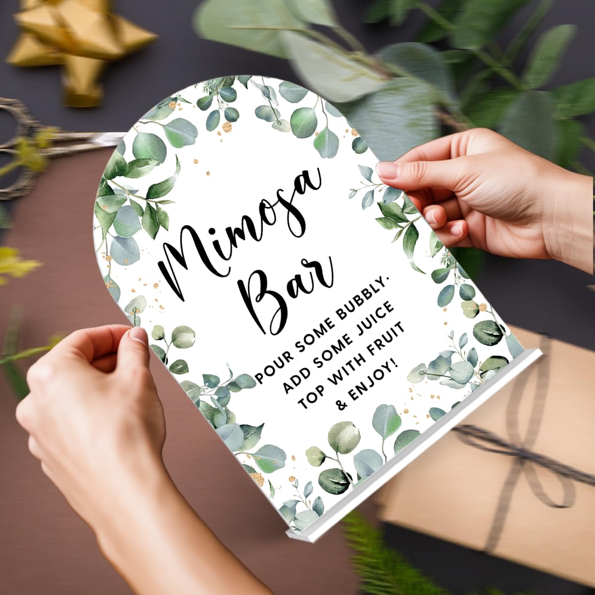 Acrylic Wedding Signs, Bubble Send Off Signs for Marriage Reception, Bridal Shower Decorations, Modern Arched Round Top Acrylic Table Top Sign with Holder for Wedding Party (White Eucalyptus Leaves) BST326L