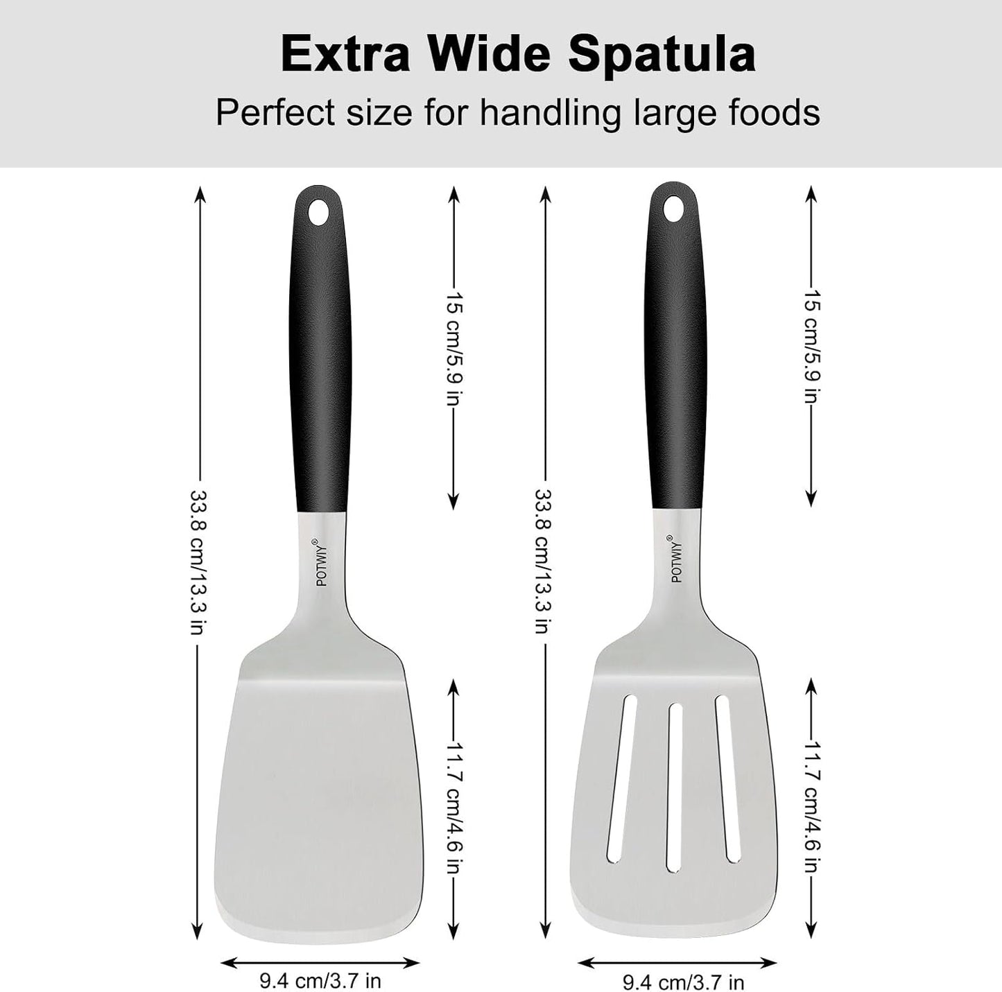 Stainless Steel Wide Spatula Set, Heavy Duty Large Metal Spatulas for Cast Iron Skillets Griddle and BBQ Grill, Solid and Slotted Turner with Silicone Handle for Smash Burgers and Pancake BST326H
