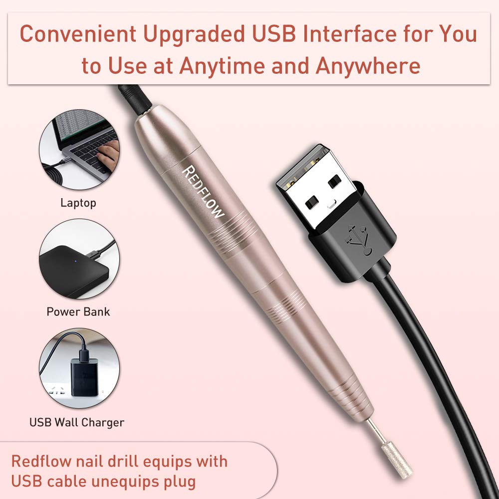 RedFlow Electric Nail Drill, Acrylic Nail Drill Kit, for Nail File Exfoliating Abrasive Nail Drill Machine, with 11 Pcs Nail Drill Bits, Brush,Nail Cutter and 50 Sanding Bands Nail Drill Set (Gold)