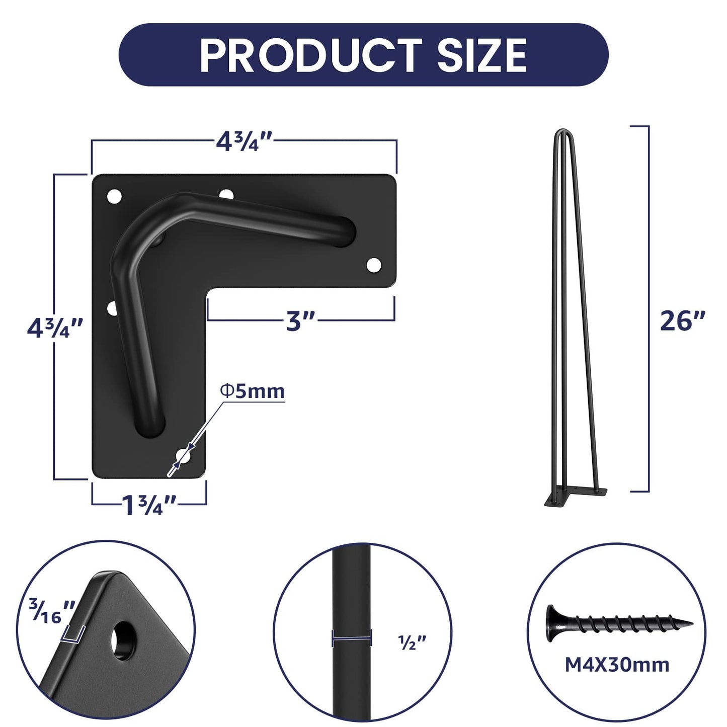 SMARTSTANDARD 16 Inch Hairpin Table Legs, 3 Steel Rods 1/2 Inch Pipe Diameter, 800lbs Load Capacity, Mid-Century Style for Coffee Table, Side Table, Night Stand (Black, 4PCS) BST220