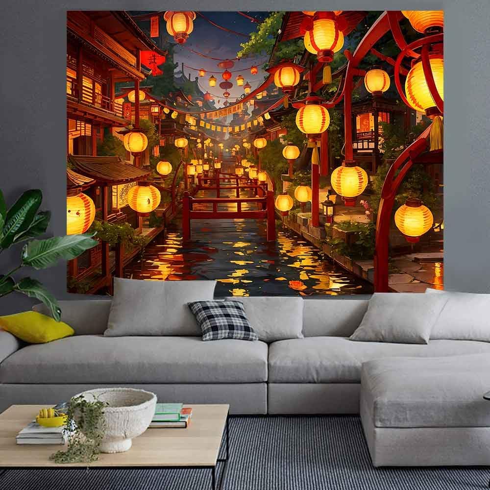 Ine Ive Japanese Tapestry Wall Hanging Large Size 93x71 Inch | Traditional Japan Streets filled with lanterns tapestry for Bedroom Living Room Dorm Office Restaurant Wall Decor BST202