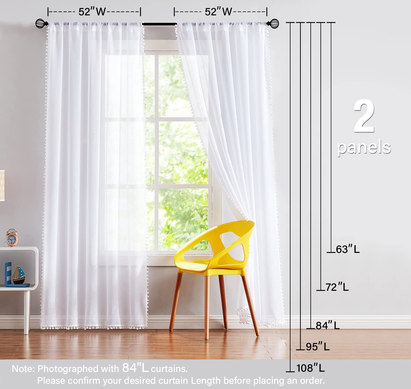 Treatmentex Pom-Pom Grey Sheer Curtains for Bedroom 63" Window Drapes Rod Pocket Textured Sheer Curtain for Kids Room 52" w 2 Panels BST202