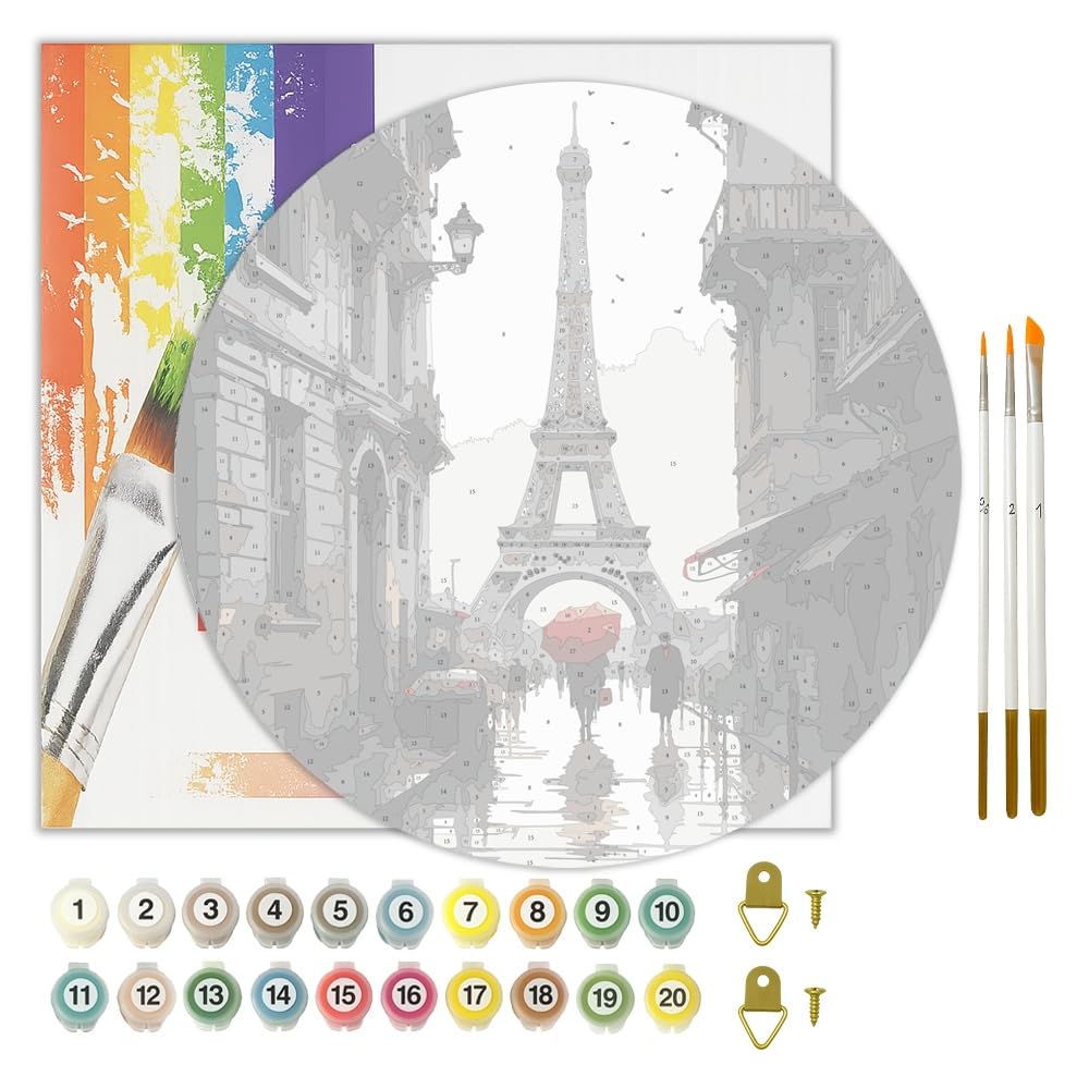 City Street Paint by Numbers Kit for Adults - DIY Eiffel Tower with Red Umbrella in Paris Painting on Canvas 16x20 Inches, Acrylic Paint Set, Suitable for Beginners,Travel Art for Decoration BST326H