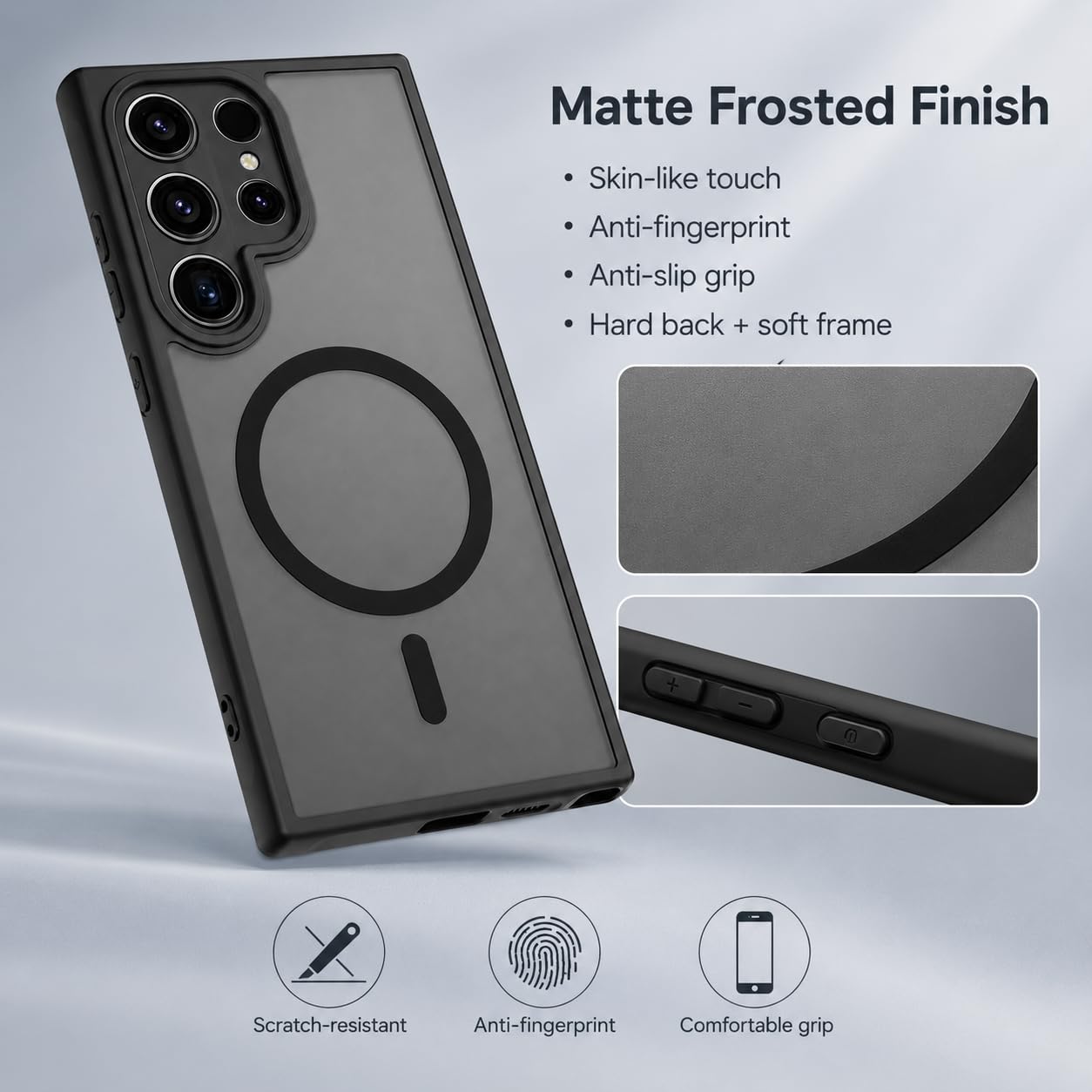 Anti-Fingerprints for Samsung Galaxy S23 Ultra Case Magnetic,[Full Camera Protection] [Compatible with Magsafe Accessories] Frosted Back Cover for Galaxy S23 Ultra 6.8", Black WN420