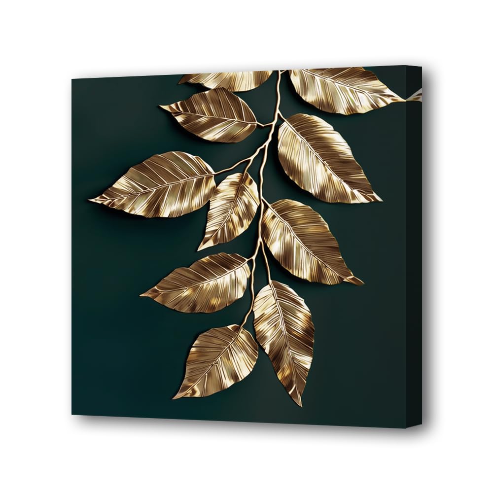 LURENCZH Leaf Canvas Wall Art Golden Leaf Picture Prints Green and Gold Paintings for Living Room Bedroom Decor Framed Ready to Hang(Green-1,12.00" x 12.00") BST326H