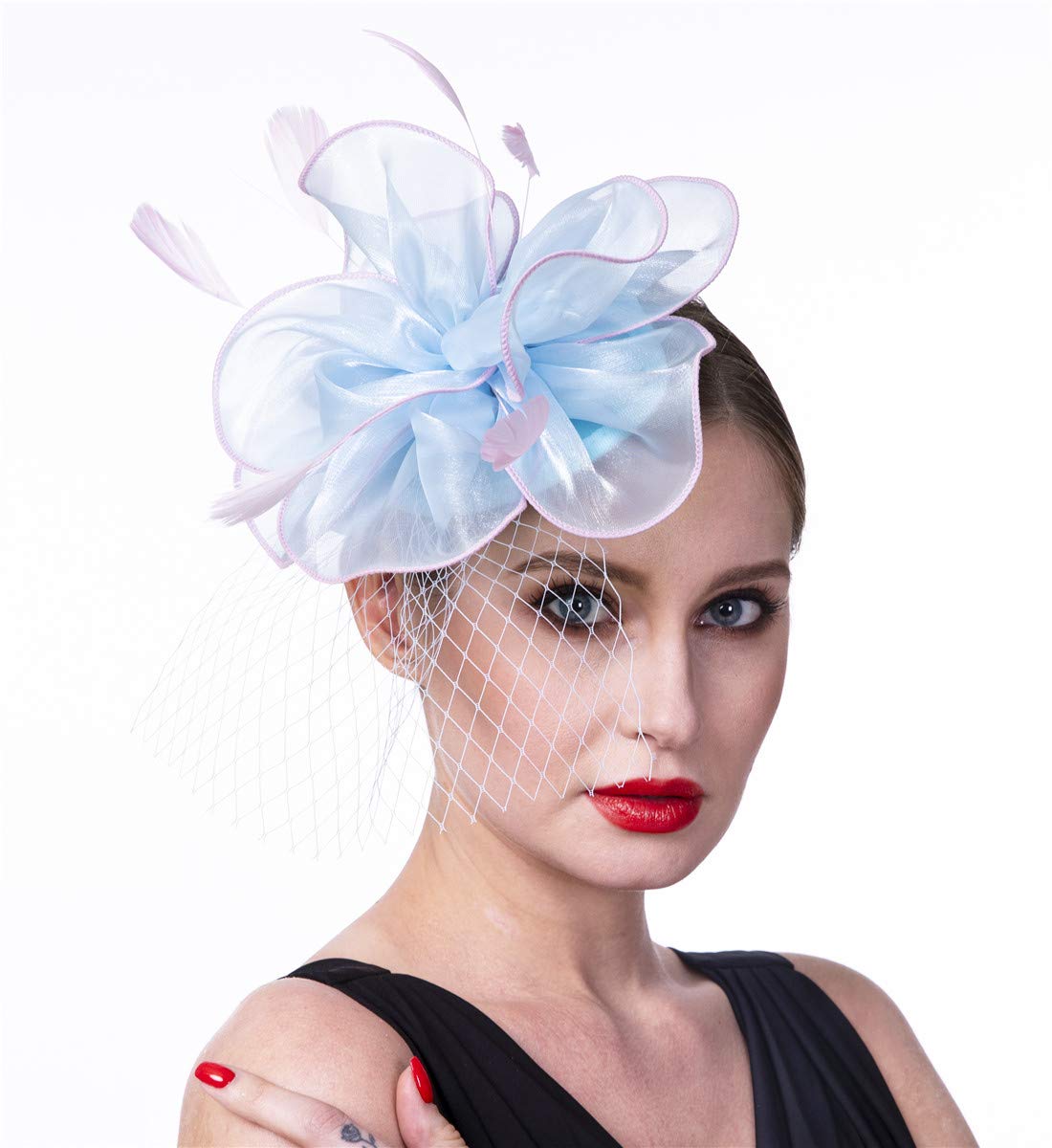 SAFERIN Fascinators Hat Flower Mesh Ribbons Feathers on a Headband and a Clip Tea Party Headwear for Girls and Women WN420