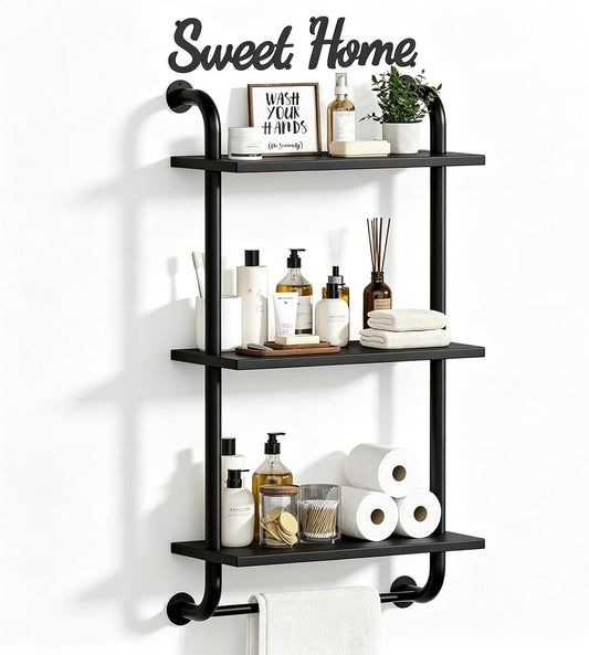 Tinpin Bathroom Shelves Wall Mounted, Rustic Farmhouse Pipe Shelves, Walls Shelf 3-Tier, Industrial Pipe Shelving, Floating Shelf Wall Decor for Bathroom, Kitchen, Bedroom, Living Room 17.3in Black DD1210