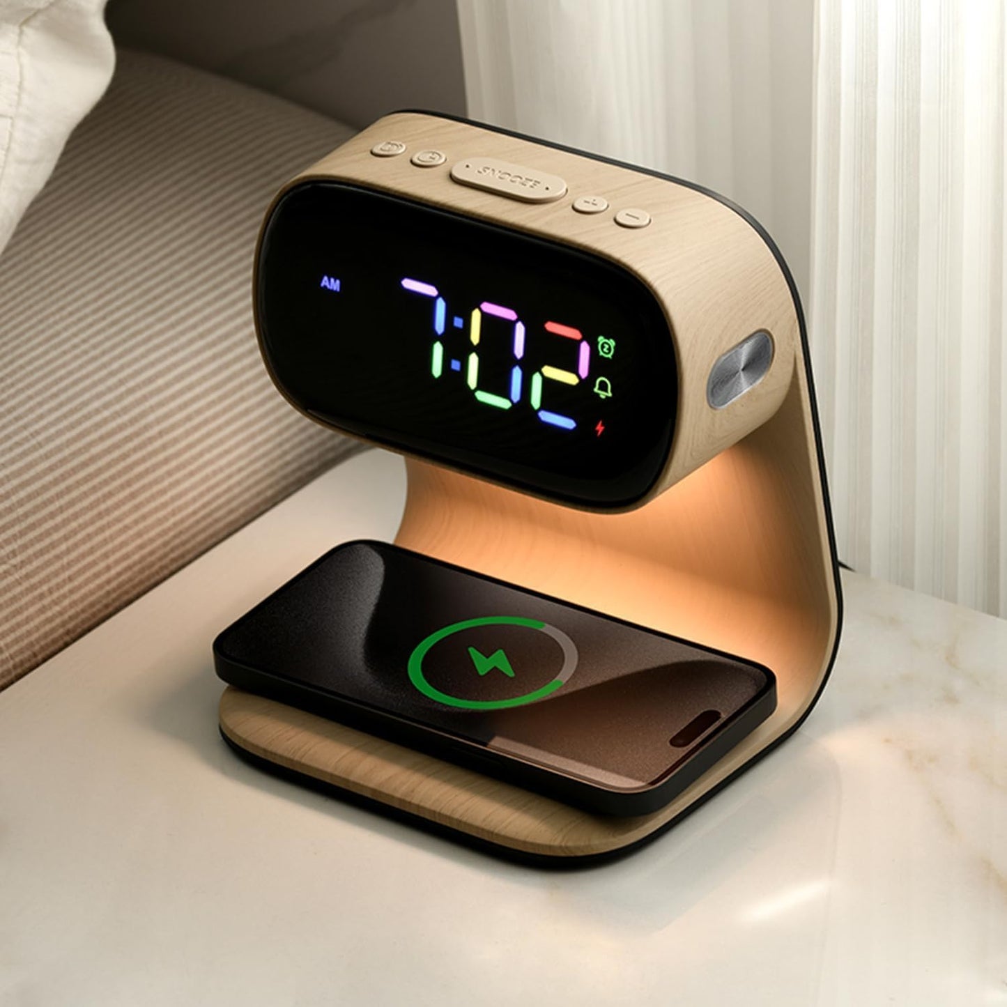 Digital Alarm Clock with Wireless Fast Charging Station 15W Touch Smart Lamp for Bedside,3 Colors Nightlight Adjustment Night Lamp for Living Room,Bedside,Heavy Sleepers (Woodgrain+Cable&Adapter) BST220