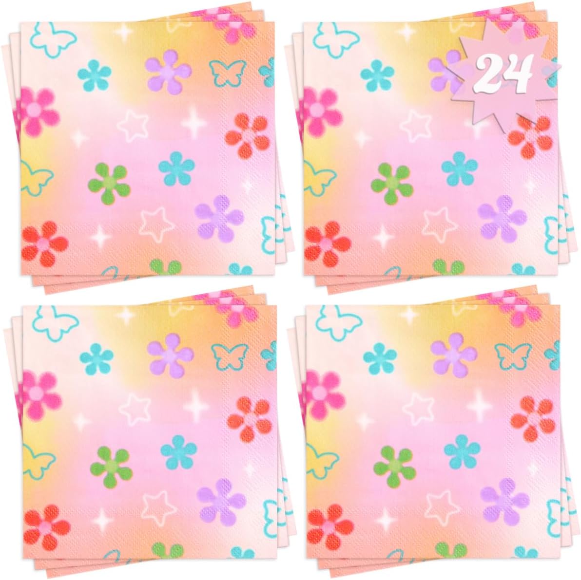 xo, Fetti Groovy Y2K Paper Napkins - 3-ply, 25 pcs | Rainbow Kids Party Decorations, Girls Bachelorette Supplies, Butterfly Birthday Tablescape, Pastel Flower Decor BST326L