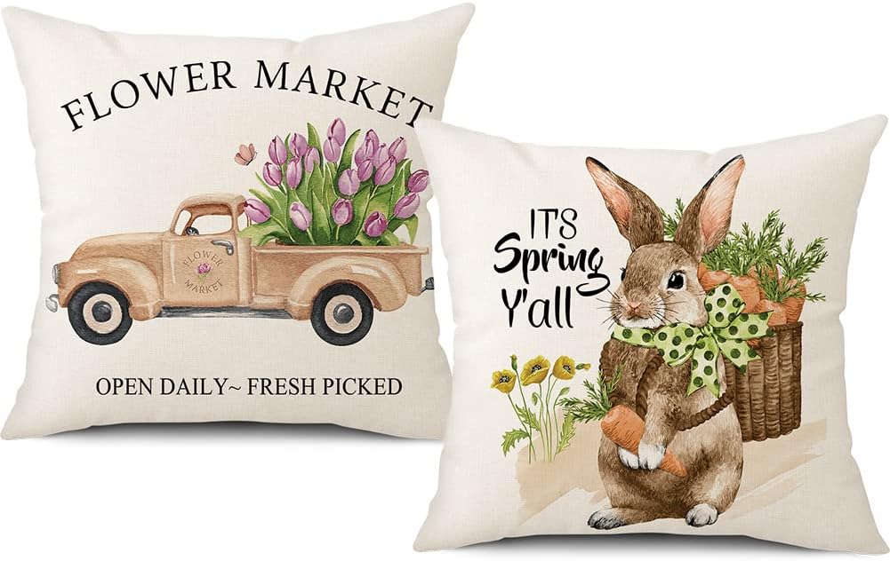 Spring Easter Pillow Covers 18x18 Set of 2 Rabbit Bunny Carrot Truck Spring Flowers Decorative Throw Pillow Covers for Home Office Sofa Bed Couch BST326L