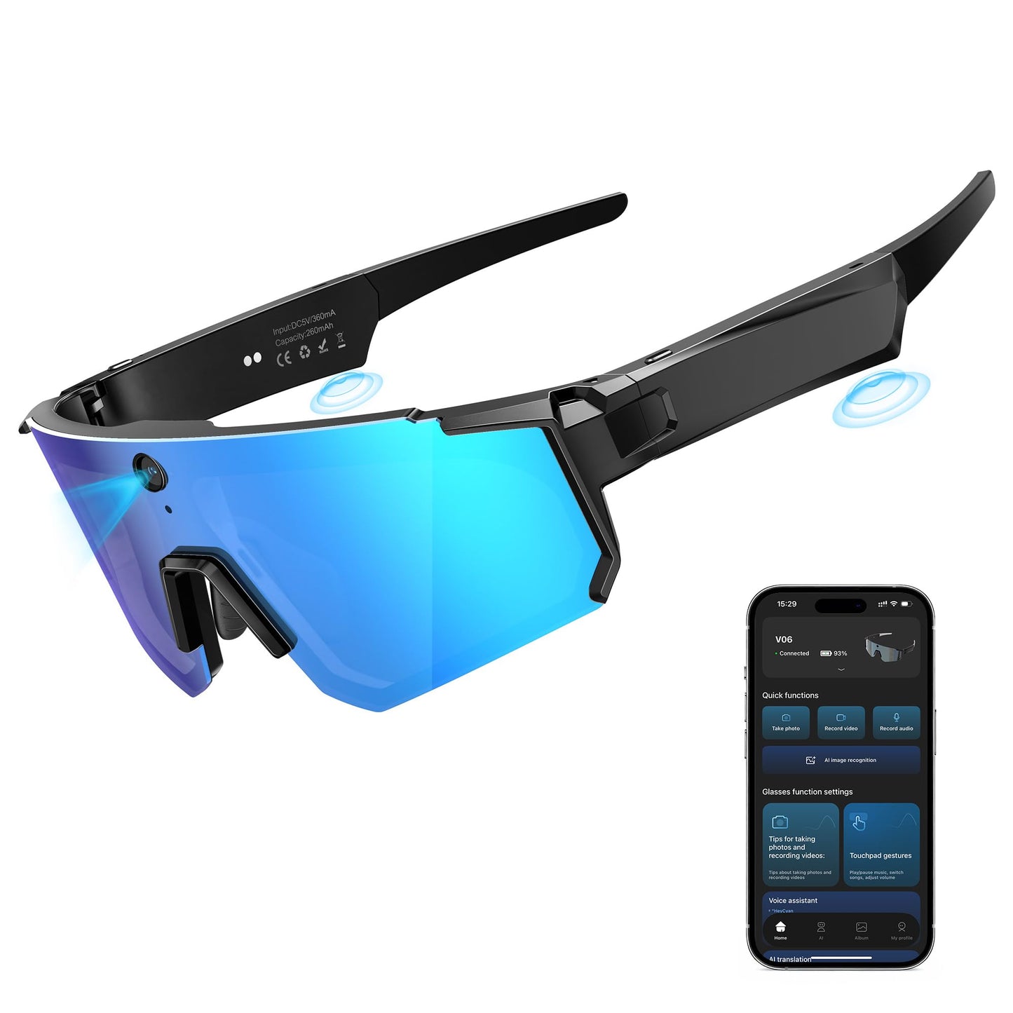 V06 Smart Glasses for Men, Sport AI Camera with EIS+Gyro Stabilization, Polarized Lenses for Cycling, Dual-Mic Noise Cancelling, IP66 Weatherproof, 4GB RAM, AI Glasses with Chat GPT