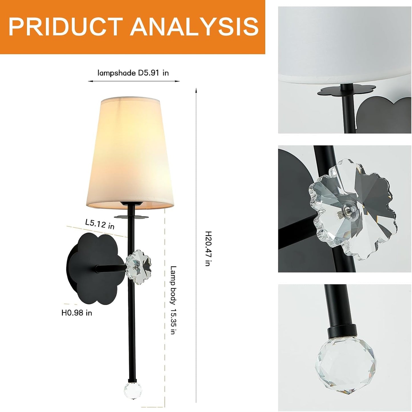 Battery Operated Wall Sconces, Black, Set of 2 | Crystal Plum Blossom Decor, Rechargeable, Detachable, Remote Cordless, Indoor for Bedroom Living Room Hallway Stairs WN420