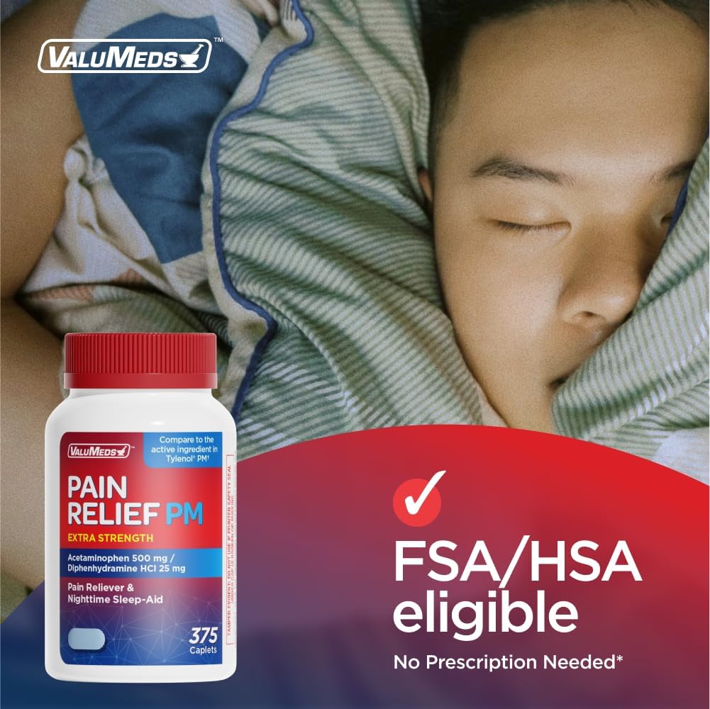 ValuMeds Compare to Tylenol PM PM Pain Reliever & Sleep Aid, Generic Acetaminophen 500mg, Fast-Acting, Extra Strength for Headaches, Migraines, Aches | Non-Habit Forming (375 Count)