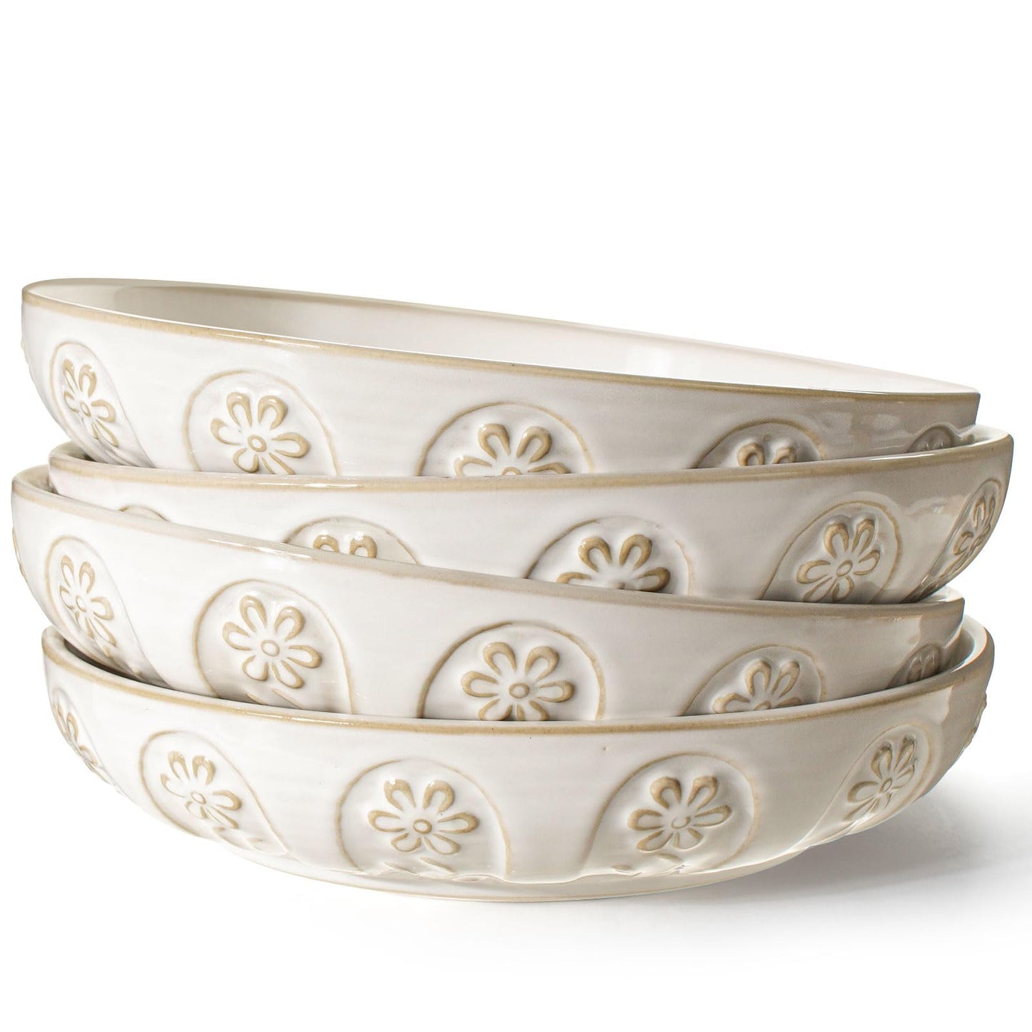 Artena Pasta Bowls, 50oz Large Salad Serving Bowls, 9.75'' Plates Bowls Set of 4, Big White Ceramic Soup Bowls for Kitchen, Embossment Shallow Dinner Bowl, Microwave Dishwasher Safe, Willow Leaf BST326H