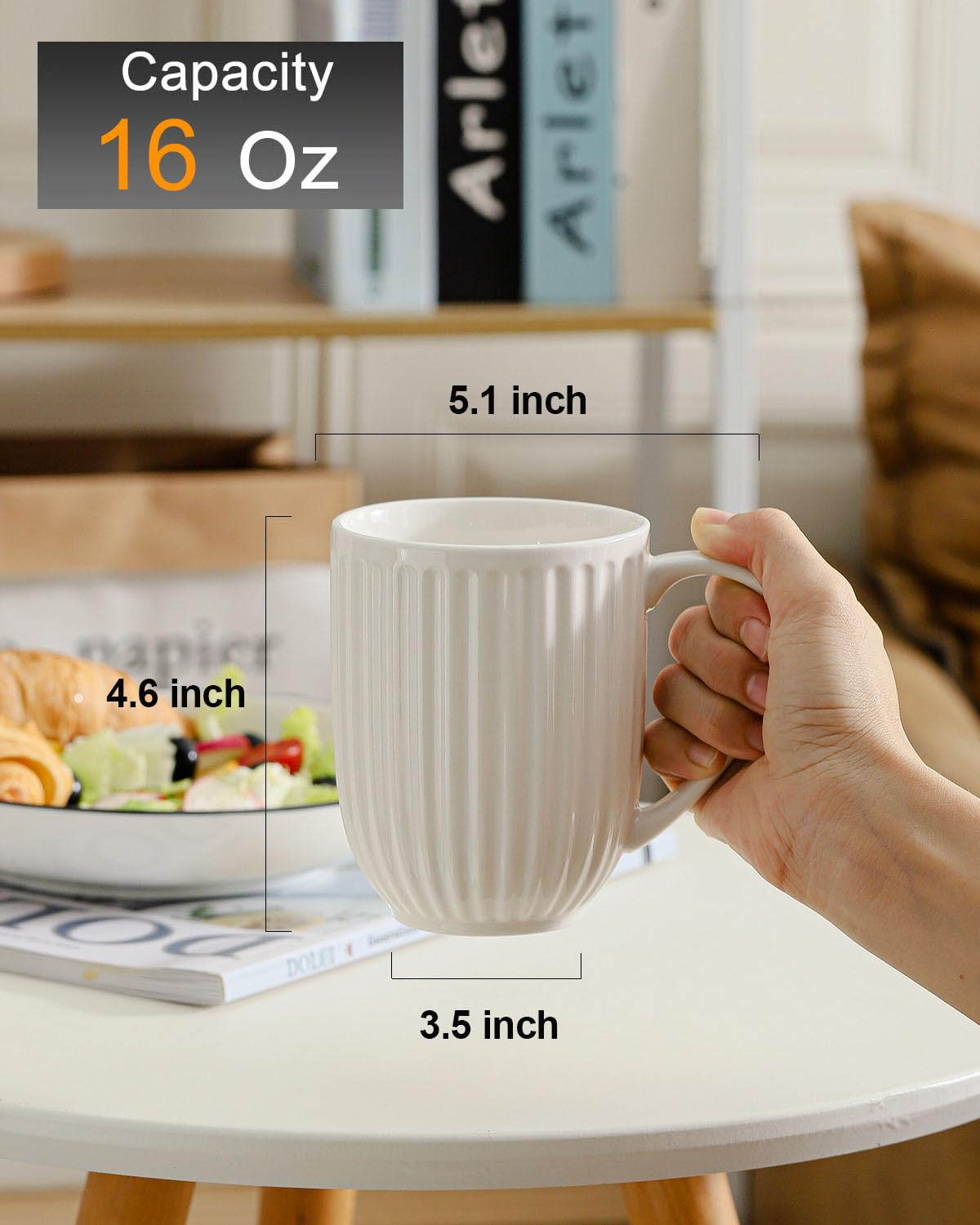 HASENSE Textured Large Coffee Mugs Set of 4, 16 Oz Ribbed Ceramic Cups with Large Handle for Latte Tea Cappuccino, Stackable Embossed Mug Set for Mom Dad, Microwave Dishwasher Safe, Creamy White BST220
